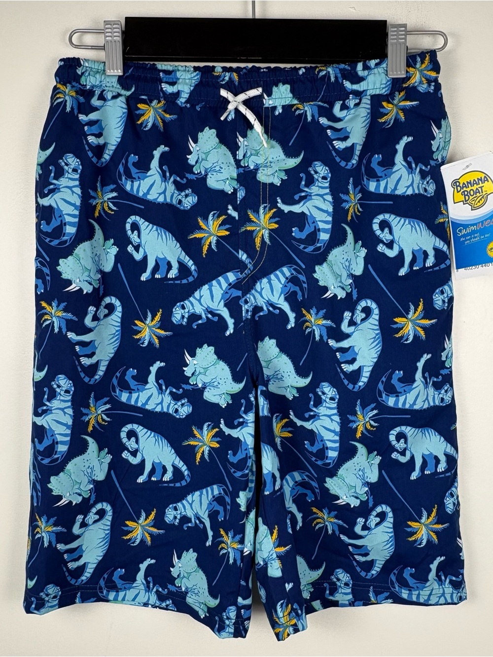 NWT Banana Boat Boys Blue Dinosaur Board Shorts Swim Trunks, Size 12 Pool Beach